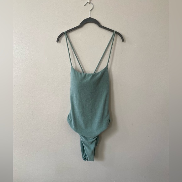 Victorias Secret terry bathing suit/bodysuit in sage green with lace up back. - Picture 2 of 5
